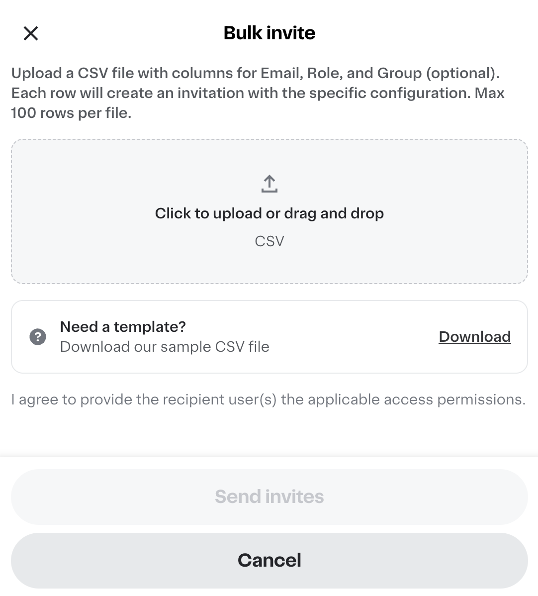 Shows the Bulk invite dialog with a drag-and-drop upload area for a CSV file, an option to download a sample CSV template, and a Send invites button.